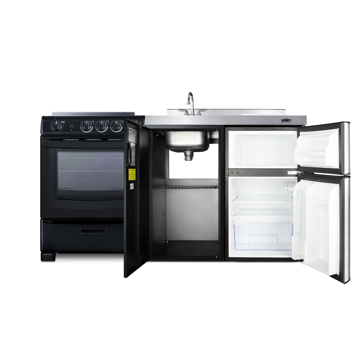64 inch wide all-in-one kitchenette with 4-burner 220V smooth-top electric range, refrigerator-freezer sink, cutting board and cutlery storage, and storage cabinet in a black exterior finish